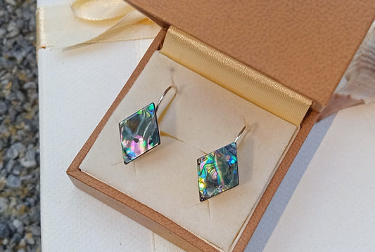 Náušnice s přírodní abalone perletí – Geometrická elegance z hlubin oceánu