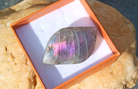 Exkluzivní brož s přírodním spektrálním labradoritem a nerezovou sponou – vzácný fialový oheň (46x30 mm)