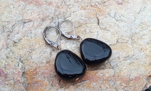 Náušnice z chirurgické oceli s přírodním černým turmalínem 18x17 mm