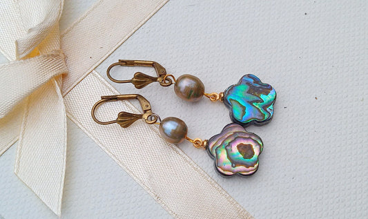 Magické náušnice s abalone perletí a říční perlou