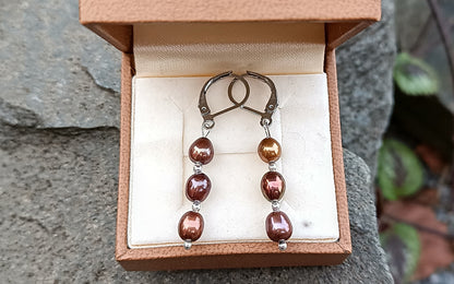 Elegantní visací náušnice z chirurgické oceli s hnědými říčními perlami