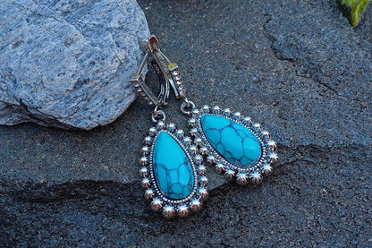 Visací náušnice s tyrkysem a zirkony, postříbřené – Turquoise Tear