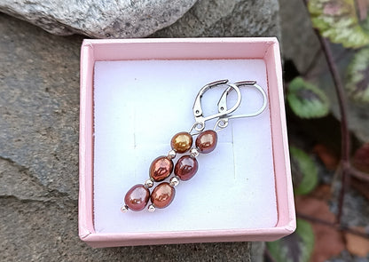 Elegantní visací náušnice z chirurgické oceli s hnědými říčními perlami