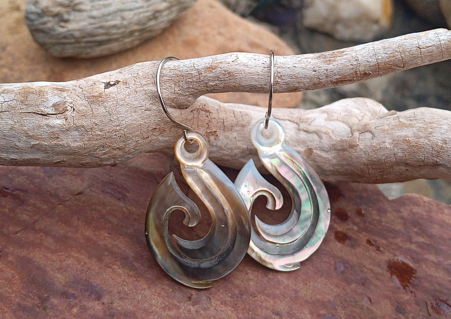 Náušnice z abalone perleti Háčky – Chirurgická ocel, 35x24 mm