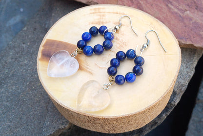 Náušnice s křištálovými srdci a lapis lazuli – chirurgická ocel