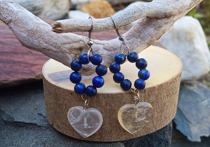 Náušnice s křištálovými srdci a lapis lazuli – chirurgická ocel
