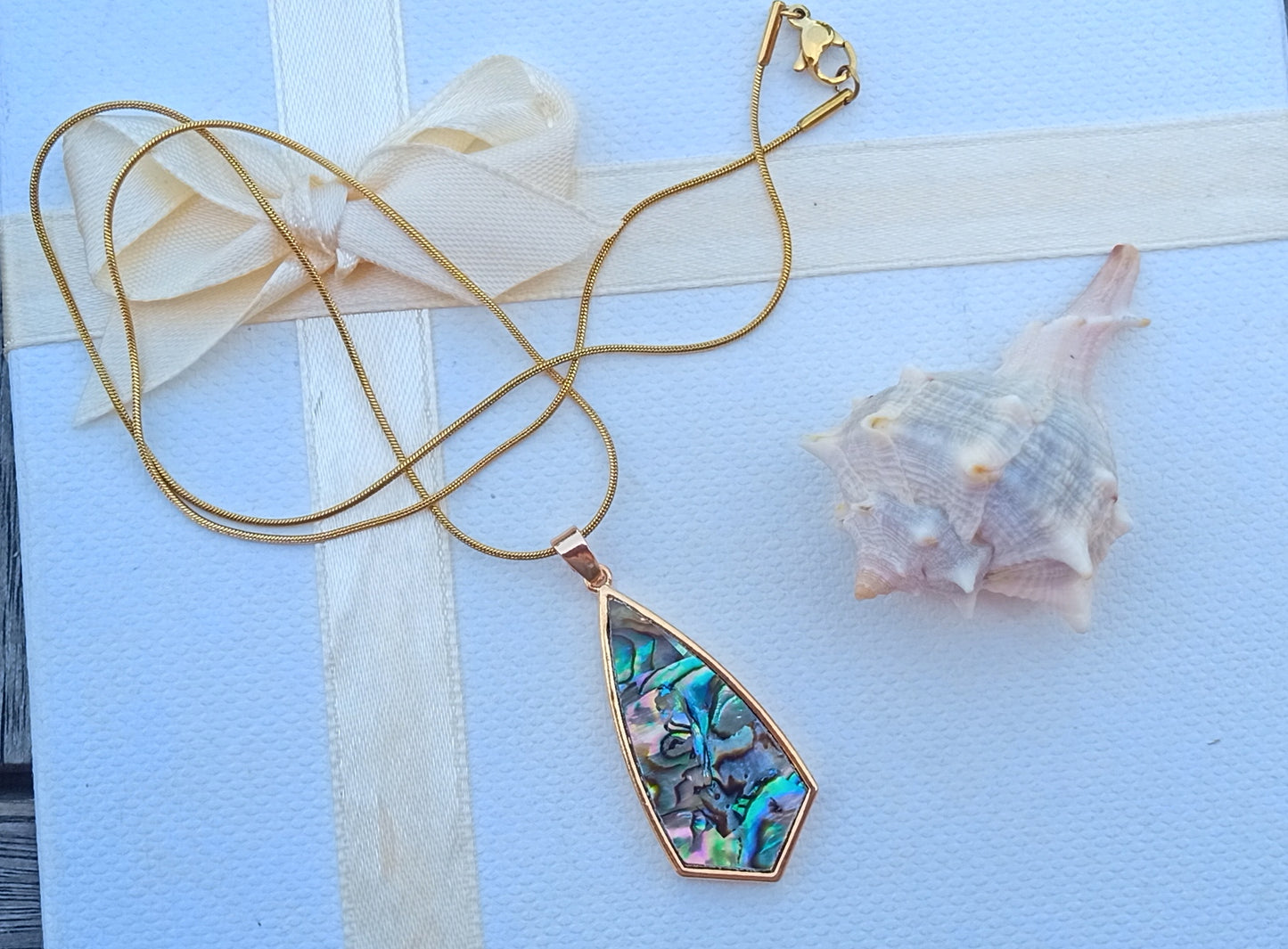 Pozlacený ocelový náhrdelník s magickou abalone perletí