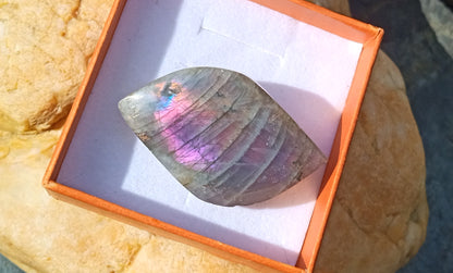 Exkluzivní brož s přírodním spektrálním labradoritem a nerezovou sponou – vzácný fialový oheň (46x30 mm)