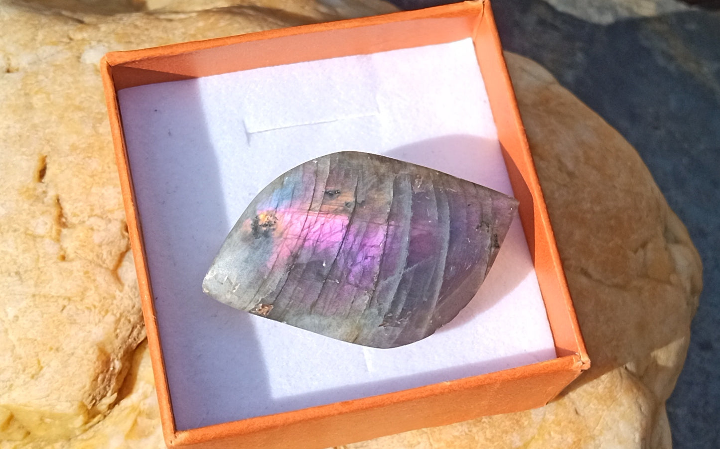 Exkluzivní brož s přírodním spektrálním labradoritem a nerezovou sponou – vzácný fialový oheň (46x30 mm)