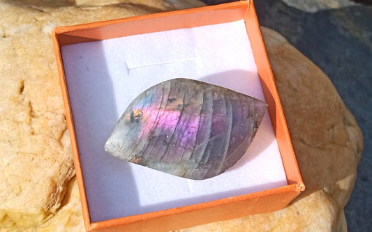 Exkluzivní brož s přírodním spektrálním labradoritem a nerezovou sponou – vzácný fialový oheň (46x30 mm)