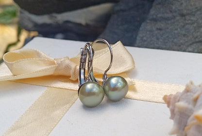 Náušnice s pravými zelenkavými jihomořskými perlami 8 mm – chirurgická ocel 316L
