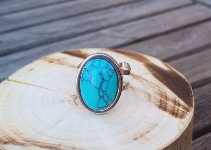 Azurový talisman: Nastavitelný prsten s pravým tyrkysem 18 × 12 mm z chirurgické oceli