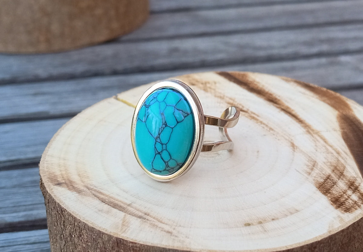 Azurový talisman: Nastavitelný prsten s pravým tyrkysem 18 × 12 mm z chirurgické oceli