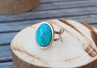 Azurový talisman: Nastavitelný prsten s pravým tyrkysem 18 × 12 mm z chirurgické oceli