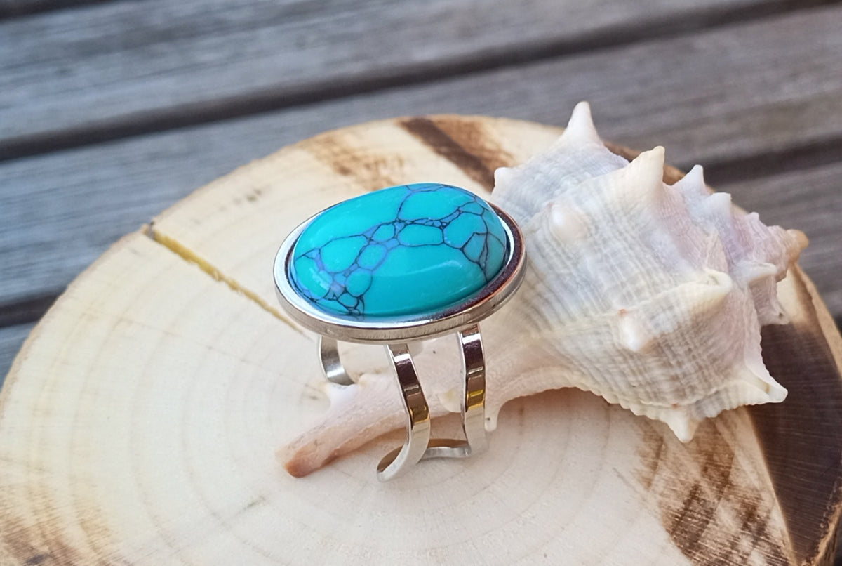 Azurový talisman: Nastavitelný prsten s pravým tyrkysem 18 × 12 mm z chirurgické oceli