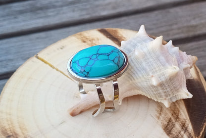 Azurový talisman: Nastavitelný prsten s pravým tyrkysem 18 × 12 mm z chirurgické oceli
