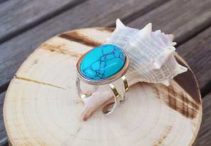Azurový talisman: Nastavitelný prsten s pravým tyrkysem 18 × 12 mm z chirurgické oceli