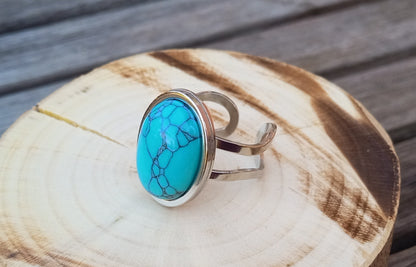 Azurový talisman: Nastavitelný prsten s pravým tyrkysem 18 × 12 mm z chirurgické oceli