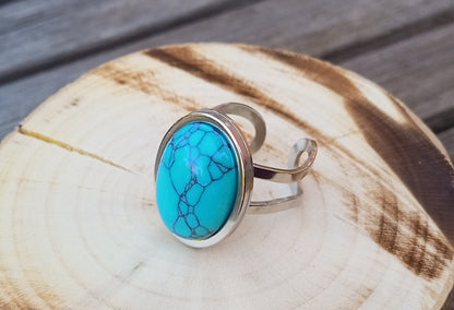 Azurový talisman: Nastavitelný prsten s pravým tyrkysem 18 × 12 mm z chirurgické oceli