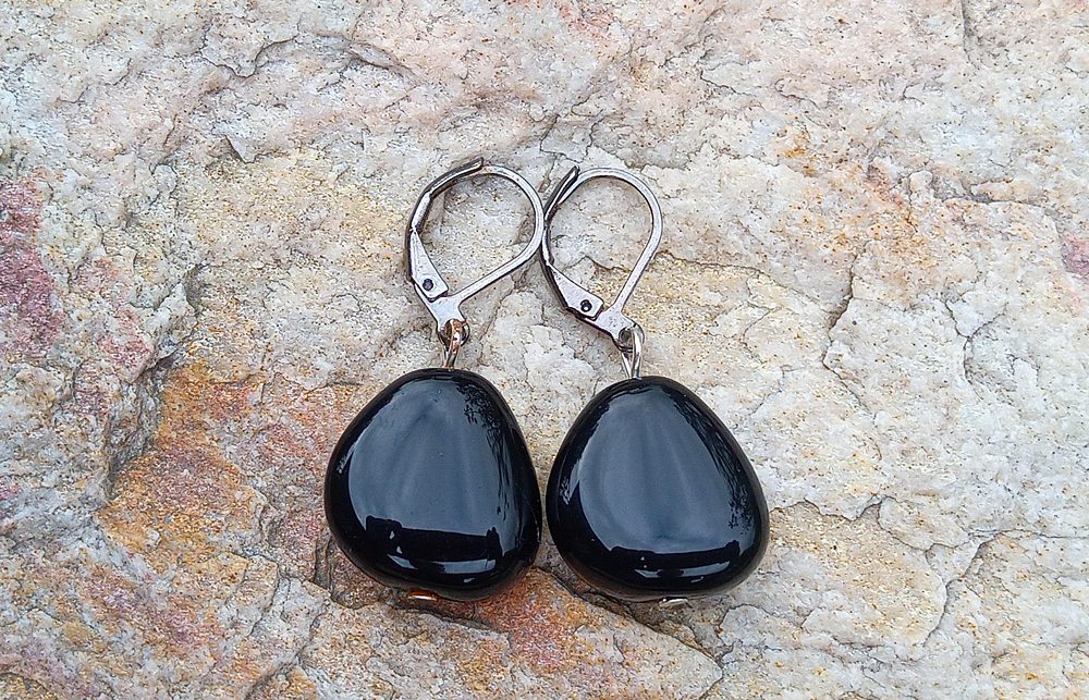 Náušnice z chirurgické oceli s přírodním černým turmalínem 18x17 mm