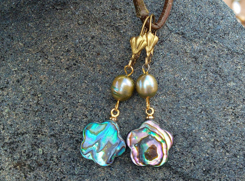 Magické náušnice s abalone perletí a říční perlou