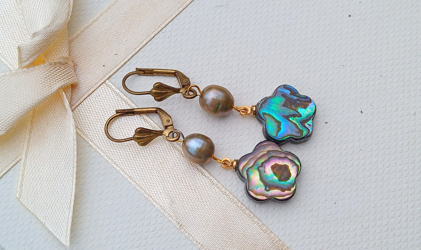 Magické náušnice s abalone perletí a říční perlou